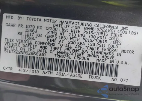 2009 Toyota Tacoma z USA, uszkodzony, nr VIN 5TETX22N99Z668910
